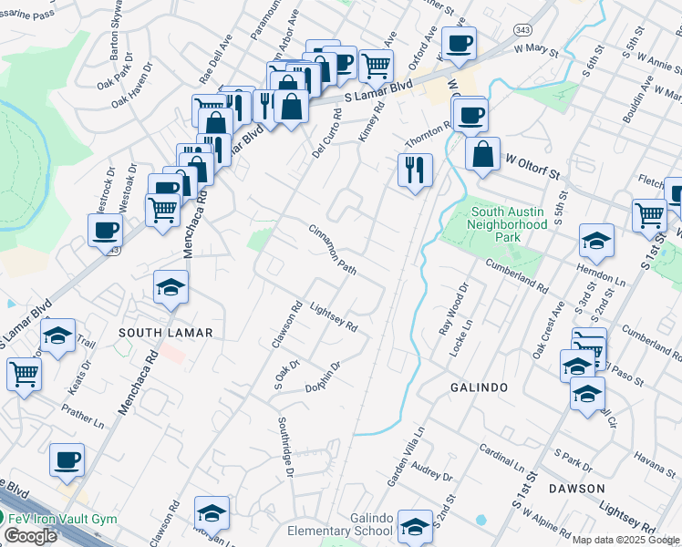 map of restaurants, bars, coffee shops, grocery stores, and more near 1509 Cinnamon Path in Austin