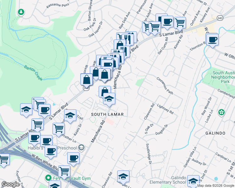 map of restaurants, bars, coffee shops, grocery stores, and more near 1916 Edgeware Drive in Austin