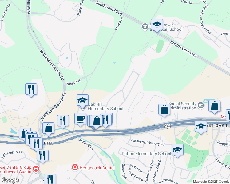 map of restaurants, bars, coffee shops, grocery stores, and more near 5911 Parkwood Drive in Austin
