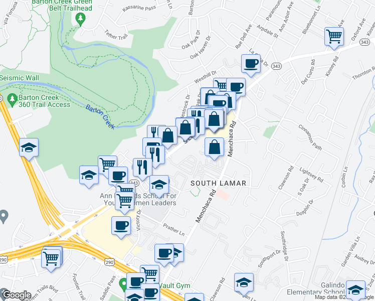 map of restaurants, bars, coffee shops, grocery stores, and more near 3415 South Lamar Boulevard in Austin