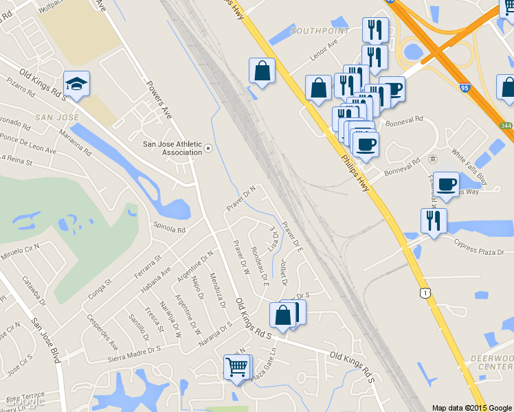 map of restaurants, bars, coffee shops, grocery stores, and more near 7634 Praver Court in Jacksonville