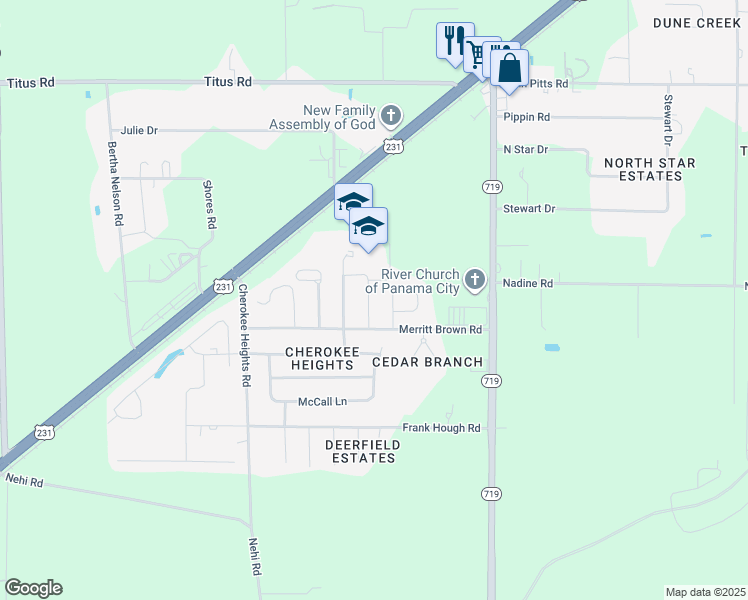 map of restaurants, bars, coffee shops, grocery stores, and more near 5009 Maggie Lane in Panama City