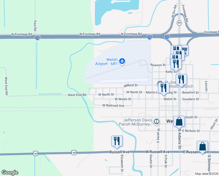 map of restaurants, bars, coffee shops, grocery stores, and more near 1100 Millard Street in Welsh