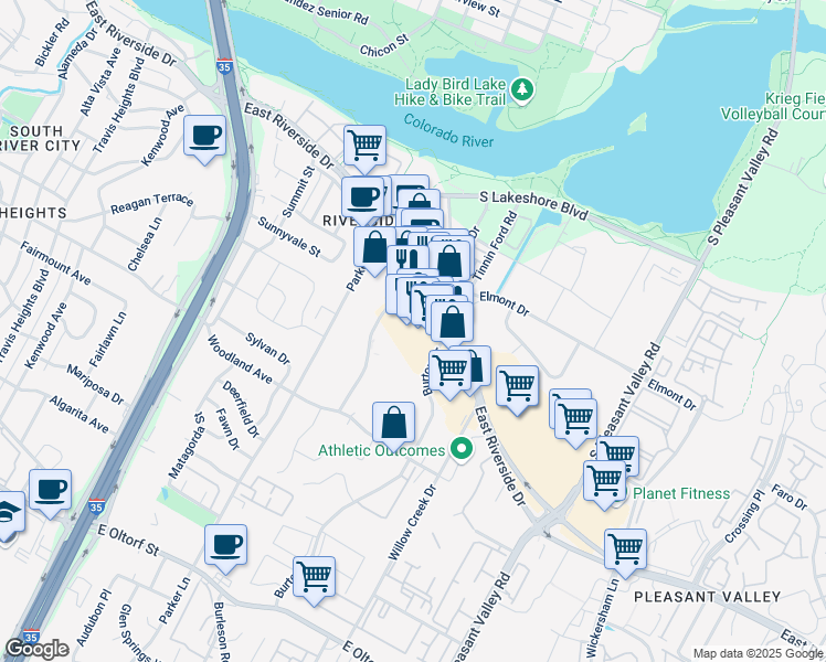 map of restaurants, bars, coffee shops, grocery stores, and more near 2015 East Riverside Drive in Austin