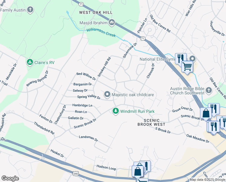 map of restaurants, bars, coffee shops, grocery stores, and more near 7200 Silvermine Drive in Austin
