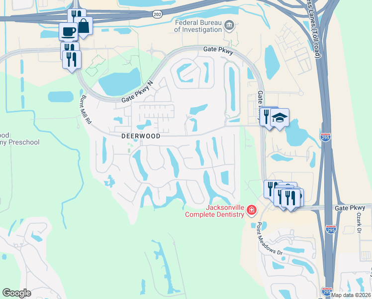 map of restaurants, bars, coffee shops, grocery stores, and more near 11125 Birkdale Court in Jacksonville