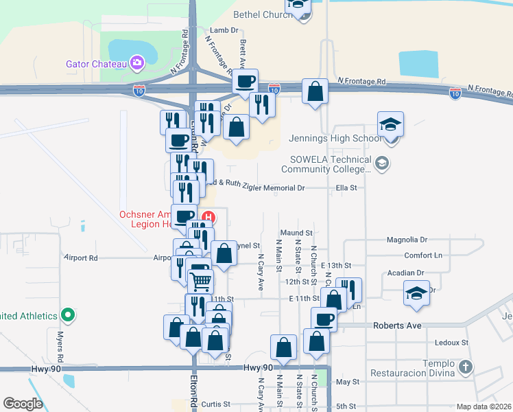 map of restaurants, bars, coffee shops, grocery stores, and more near 1810 North Cary Avenue in Jennings