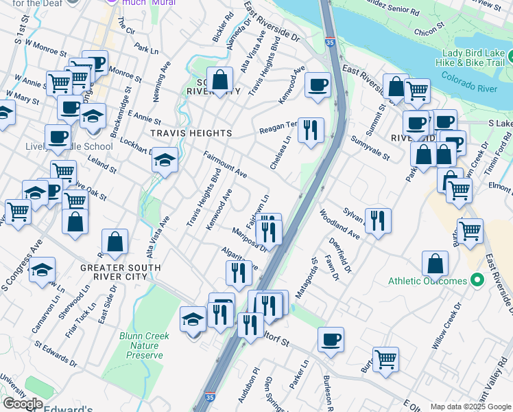 map of restaurants, bars, coffee shops, grocery stores, and more near 1903 Fairlawn Lane in Austin