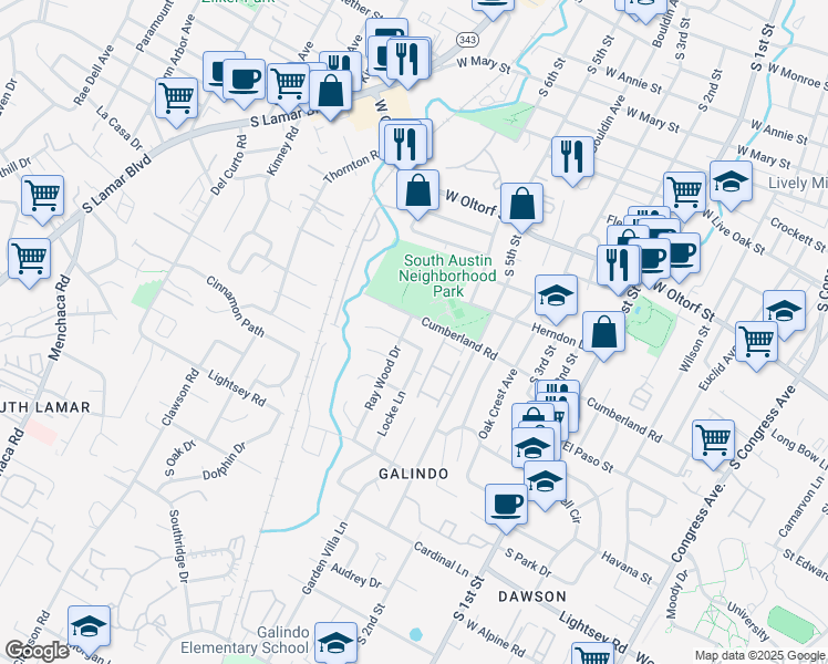 map of restaurants, bars, coffee shops, grocery stores, and more near 1203 Cumberland Road in Austin