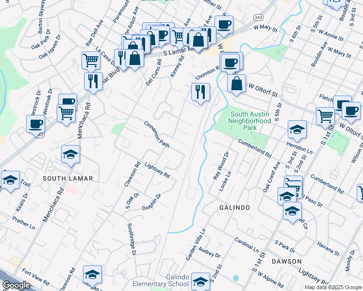 map of restaurants, bars, coffee shops, grocery stores, and more near 1404A Cinnamon Path in Austin