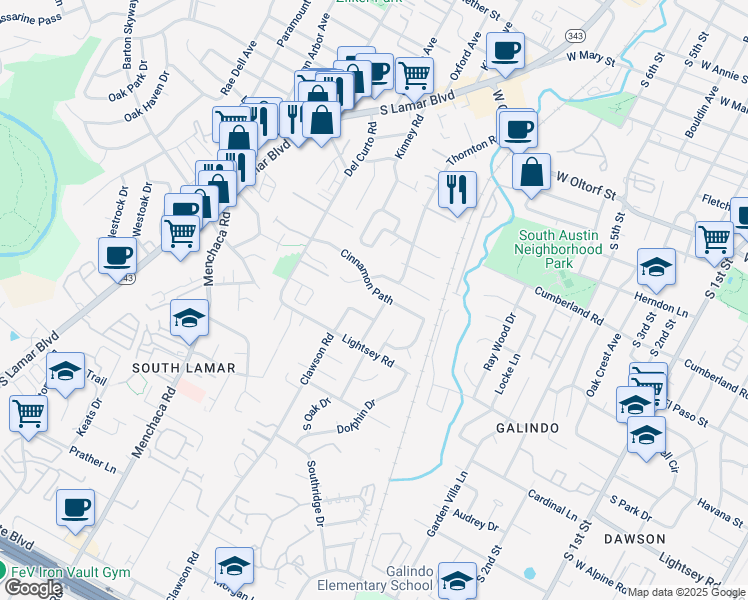 map of restaurants, bars, coffee shops, grocery stores, and more near 1509 Cinnamon Path in Austin