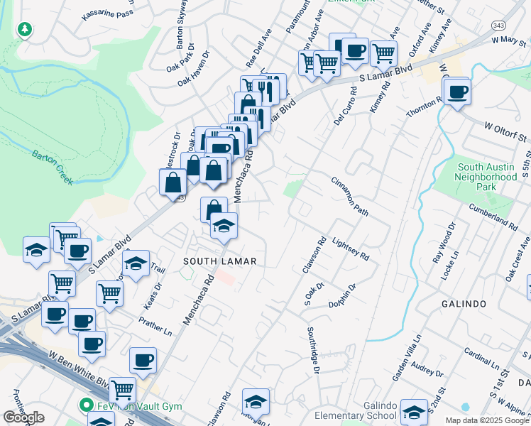 map of restaurants, bars, coffee shops, grocery stores, and more near 3107 Glen Ora Street in Austin