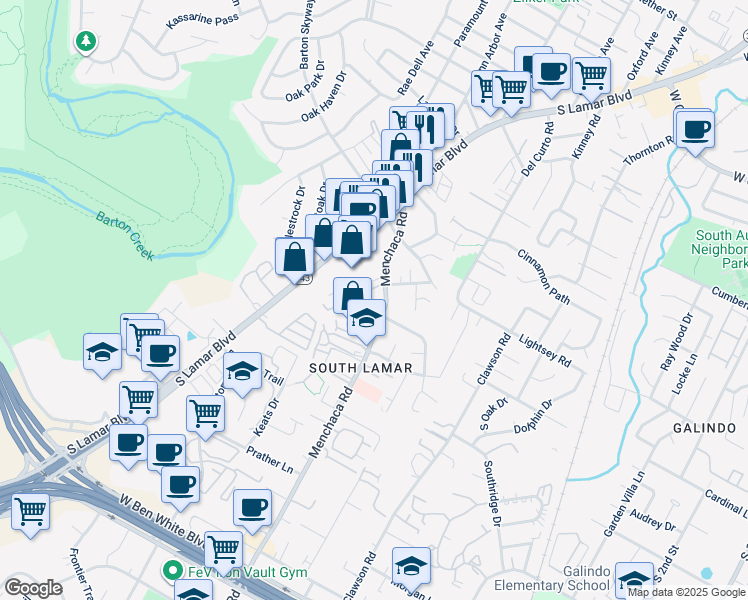 map of restaurants, bars, coffee shops, grocery stores, and more near 1916 Edgeware Drive in Austin