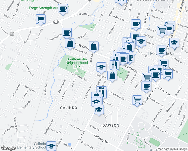 map of restaurants, bars, coffee shops, grocery stores, and more near 809 Herndon Lane in Austin