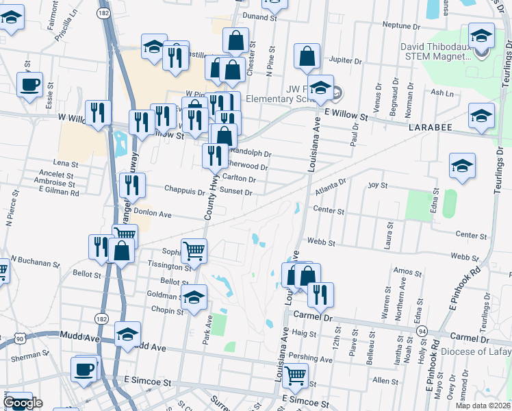 map of restaurants, bars, coffee shops, grocery stores, and more near 199 Narcisse Street in Lafayette