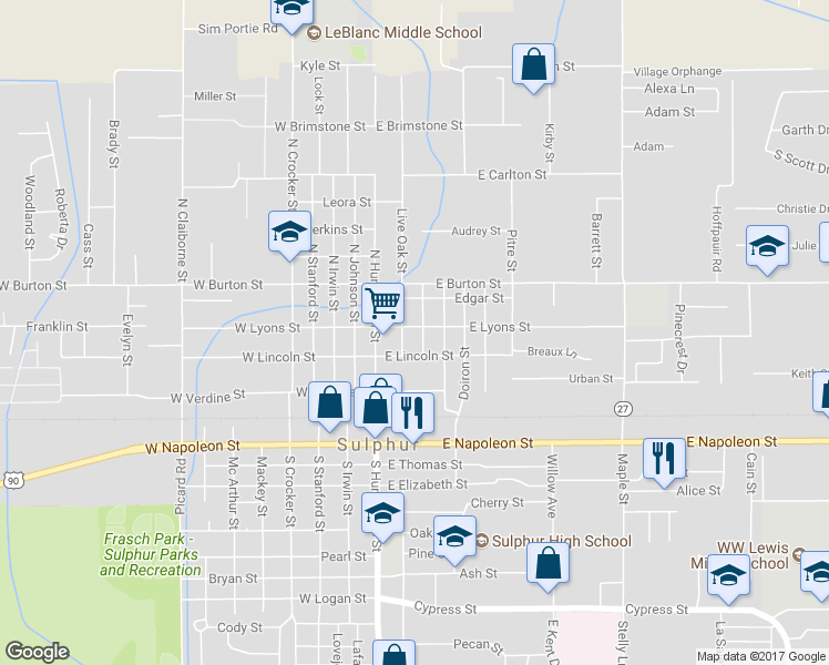 map of restaurants, bars, coffee shops, grocery stores, and more near 319 Virginia Street in Sulphur