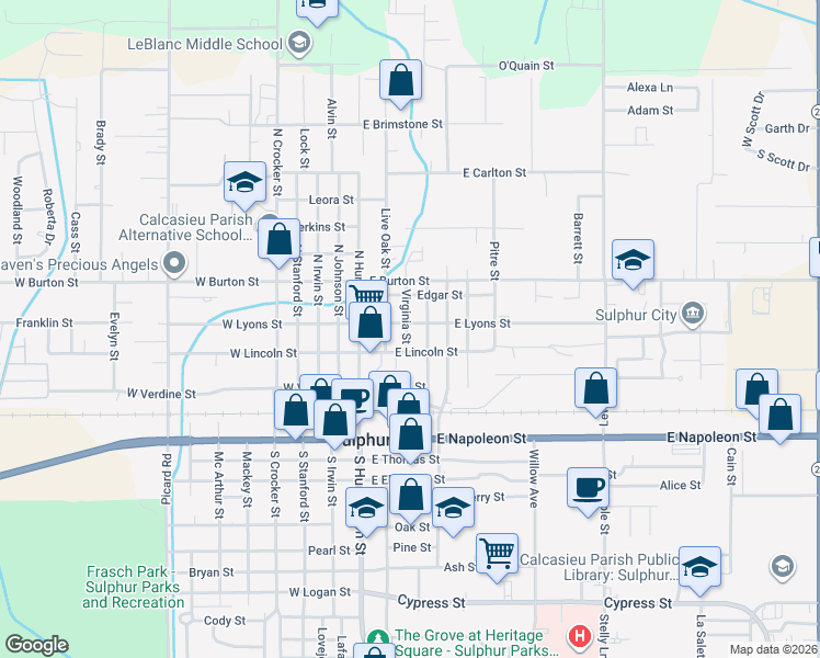 map of restaurants, bars, coffee shops, grocery stores, and more near 324 Virginia Street in Sulphur