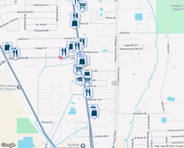 map of restaurants, bars, coffee shops, grocery stores, and more near 120 Azalea in Lumberton