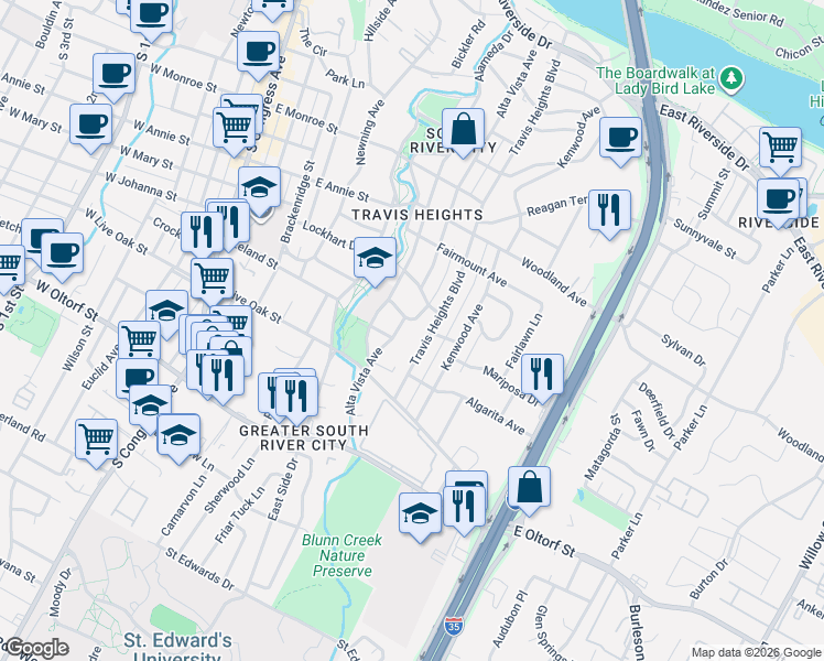 map of restaurants, bars, coffee shops, grocery stores, and more near 2003 Alta Vista Avenue in Austin