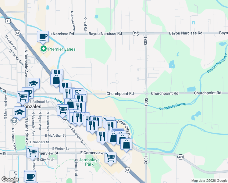 map of restaurants, bars, coffee shops, grocery stores, and more near 41389 J D Henry Lane in Gonzales