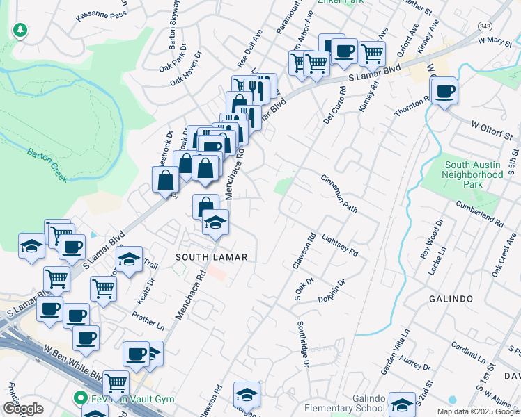 map of restaurants, bars, coffee shops, grocery stores, and more near 3107 Glen Ora Street in Austin