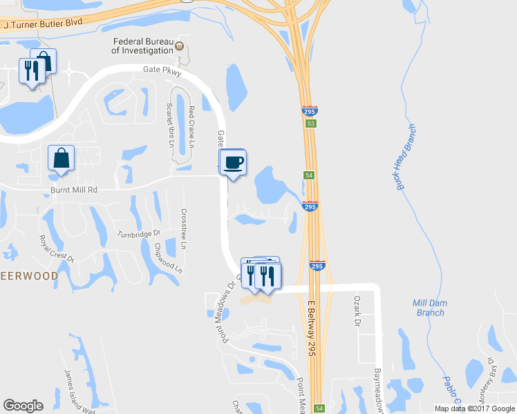 map of restaurants, bars, coffee shops, grocery stores, and more near 7651 Gate Parkway in Jacksonville