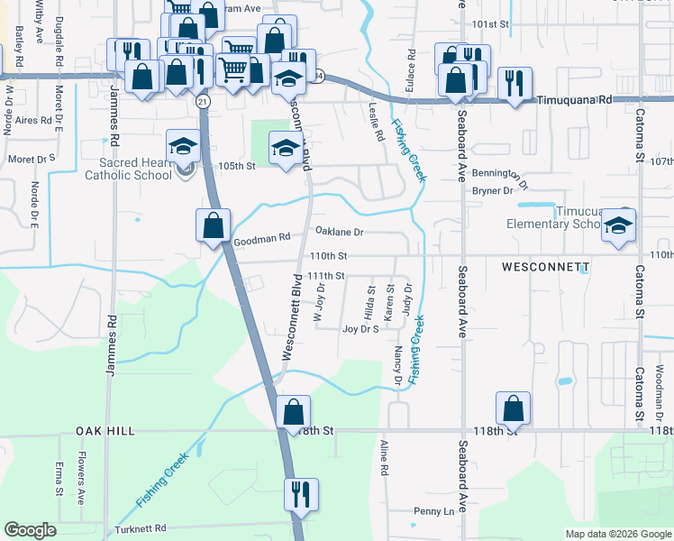 map of restaurants, bars, coffee shops, grocery stores, and more near 5928 111th Street in Jacksonville