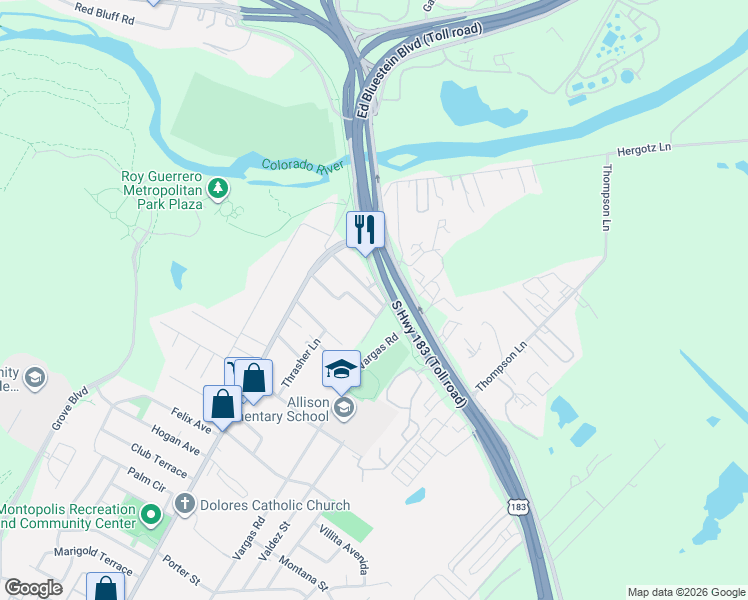 map of restaurants, bars, coffee shops, grocery stores, and more near 6405 Torres Street in Austin