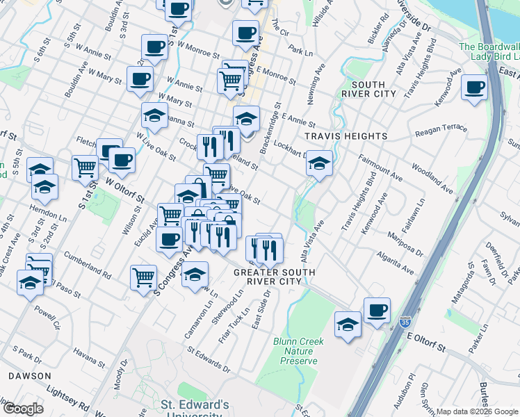 map of restaurants, bars, coffee shops, grocery stores, and more near 513 East Live Oak Street in Austin