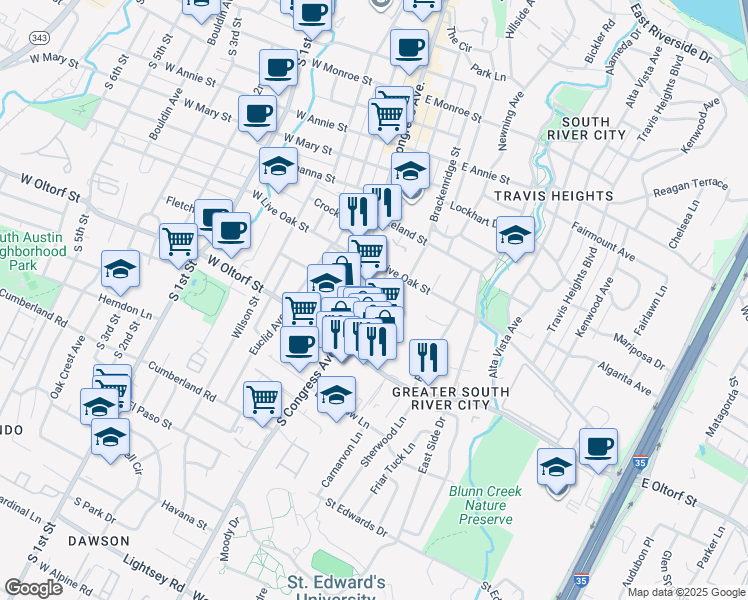 map of restaurants, bars, coffee shops, grocery stores, and more near 2215 Post Road in Austin