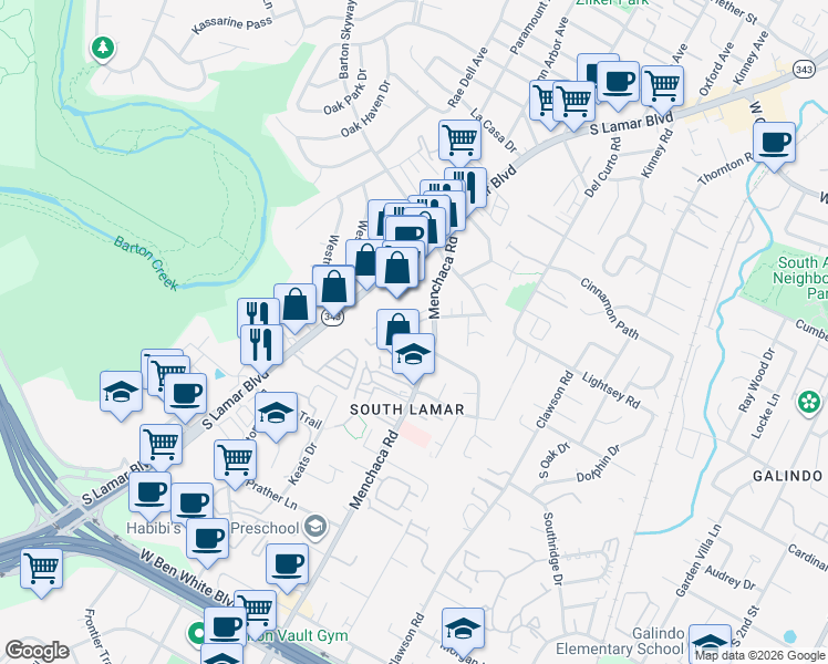 map of restaurants, bars, coffee shops, grocery stores, and more near 3204 Menchaca Road in Austin