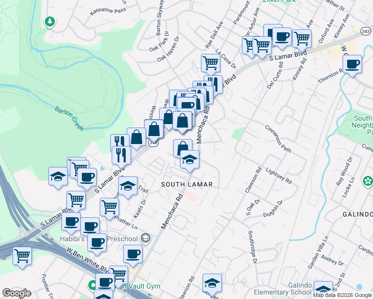 map of restaurants, bars, coffee shops, grocery stores, and more near 3204 Menchaca Road in Austin