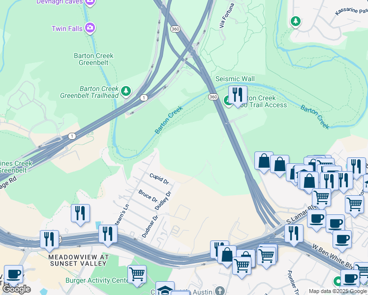 map of restaurants, bars, coffee shops, grocery stores, and more near 4307 Stearn's Lane in Austin
