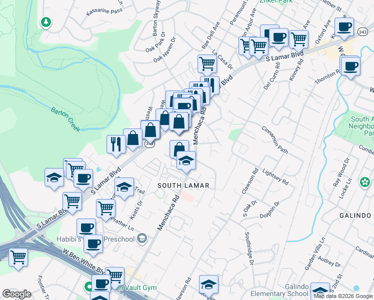 map of restaurants, bars, coffee shops, grocery stores, and more near 3204 Menchaca Road in Austin