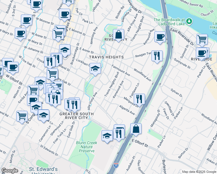 map of restaurants, bars, coffee shops, grocery stores, and more near 1910 Travis Heights Boulevard in Austin