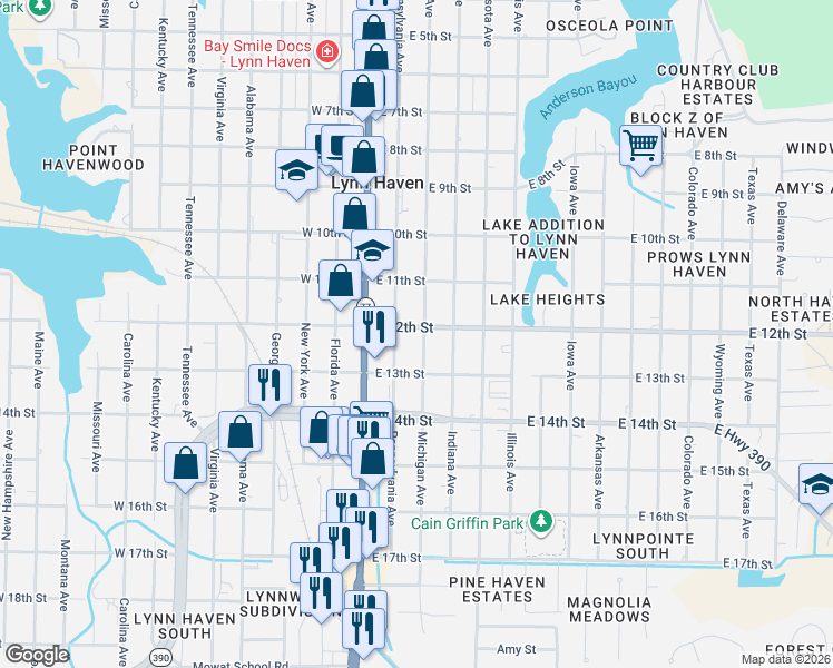 map of restaurants, bars, coffee shops, grocery stores, and more near 1206-1214 Michigan Avenue in Lynn Haven