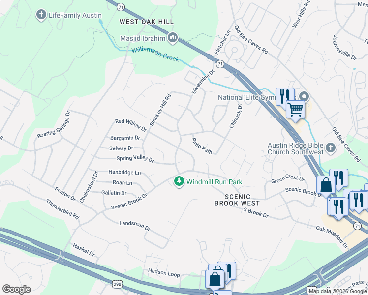 map of restaurants, bars, coffee shops, grocery stores, and more near 8111 Red Willow Drive in Austin