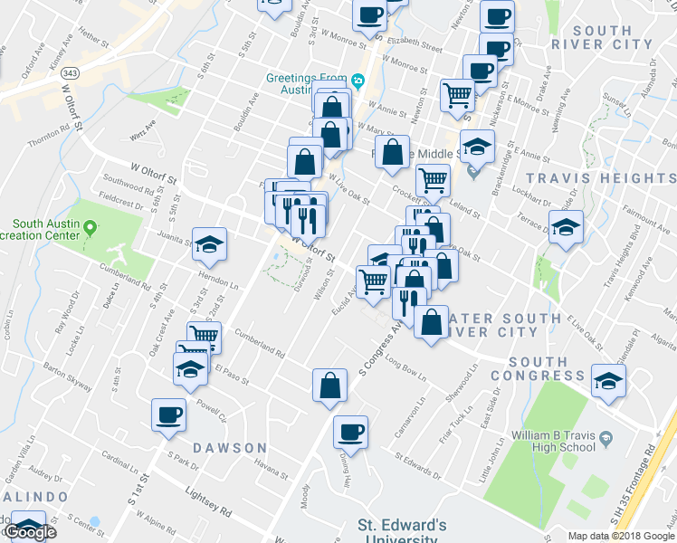map of restaurants, bars, coffee shops, grocery stores, and more near 2402 Forest Avenue in Austin