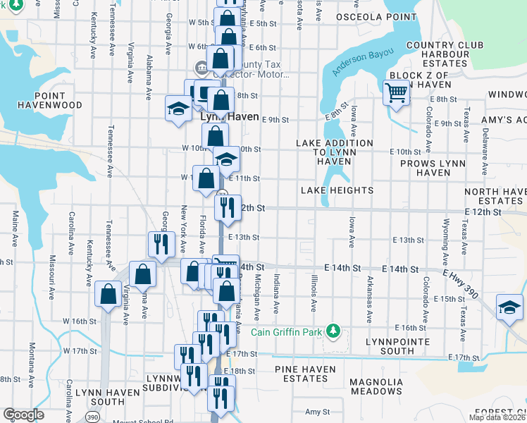 map of restaurants, bars, coffee shops, grocery stores, and more near 300 East 12th Street in Lynn Haven