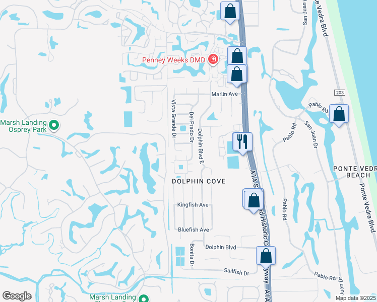 map of restaurants, bars, coffee shops, grocery stores, and more near 220 Del Prado Drive in Ponte Vedra Beach