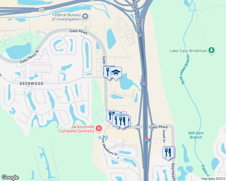 map of restaurants, bars, coffee shops, grocery stores, and more near 7651 Gate Parkway in Jacksonville