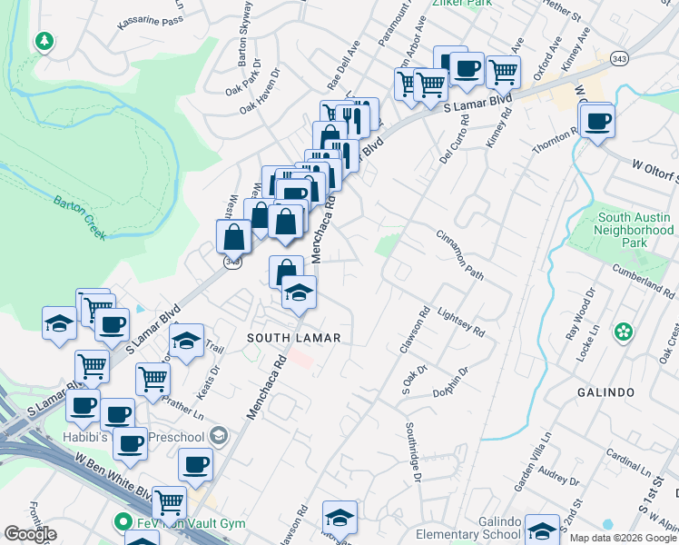 map of restaurants, bars, coffee shops, grocery stores, and more near 3107 Glen Ora Street in Austin