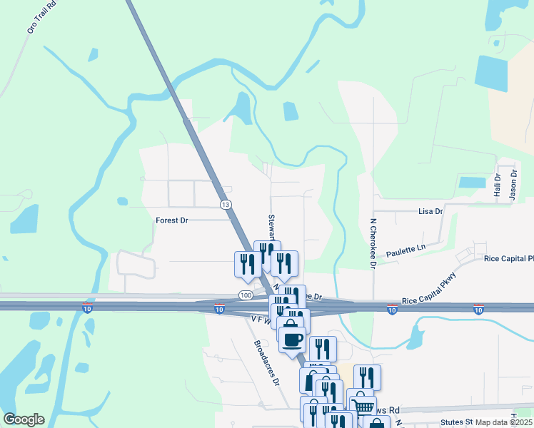 map of restaurants, bars, coffee shops, grocery stores, and more near 233 Stewartville Road in Crowley