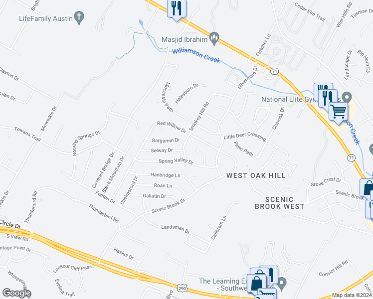 map of restaurants, bars, coffee shops, grocery stores, and more near 7209 Smokey Hill Road in Austin
