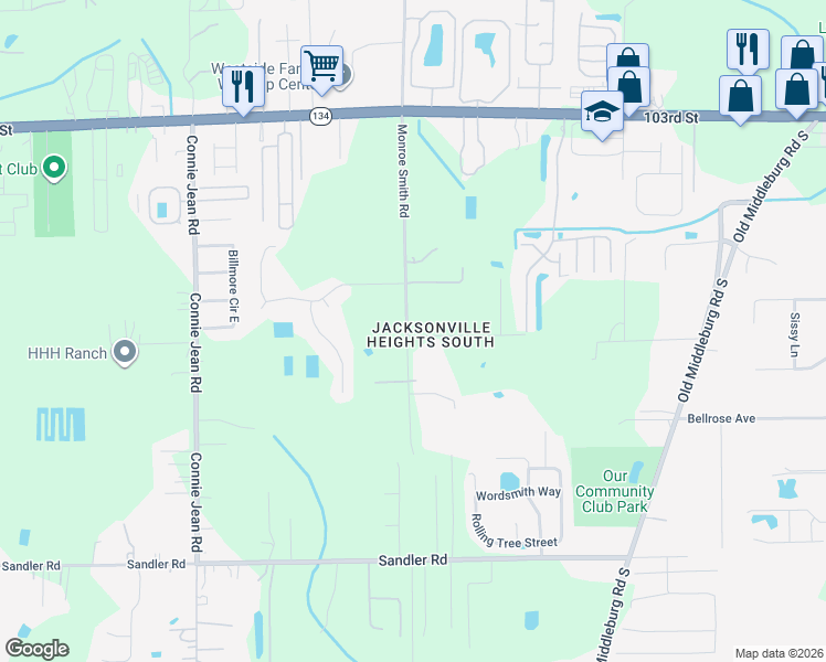 map of restaurants, bars, coffee shops, grocery stores, and more near 9632 Parman Road in Jacksonville