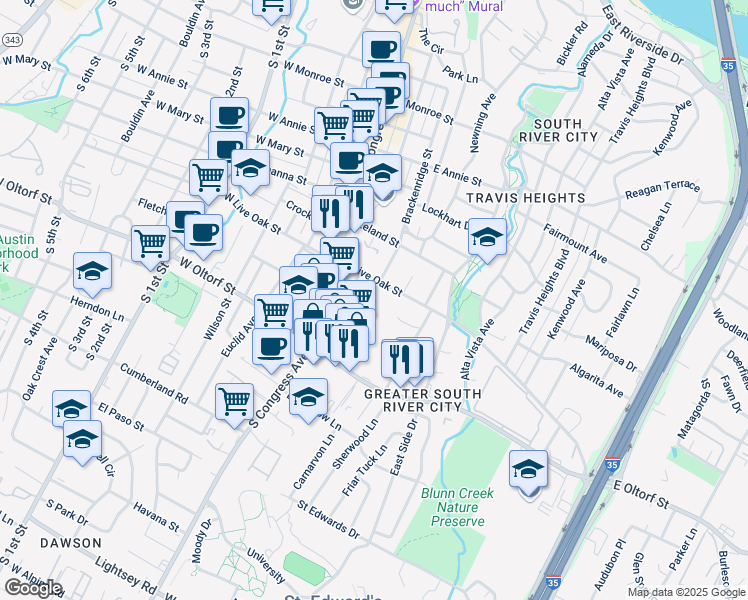 map of restaurants, bars, coffee shops, grocery stores, and more near 2215 Post Road in Austin