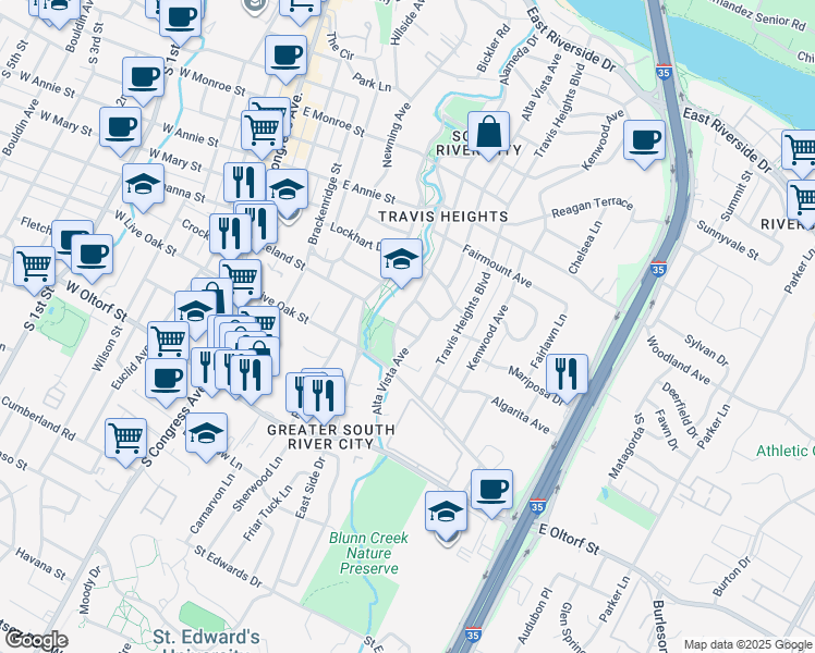 map of restaurants, bars, coffee shops, grocery stores, and more near 2103 Alameda Drive in Austin