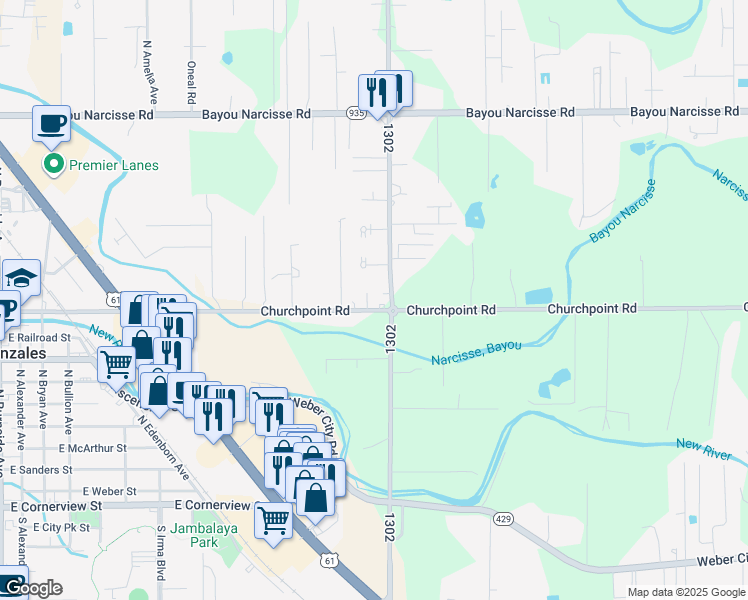 map of restaurants, bars, coffee shops, grocery stores, and more near 41468 Churchpoint Road in Gonzales