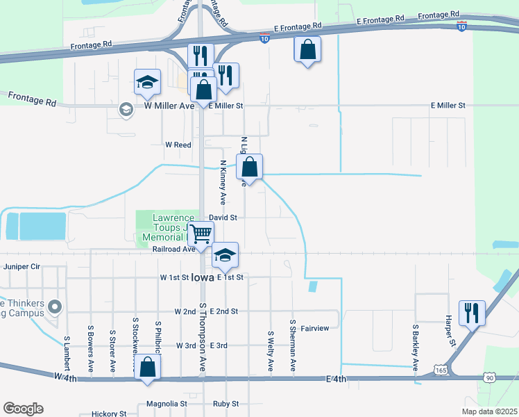 map of restaurants, bars, coffee shops, grocery stores, and more near 308 David St in Iowa