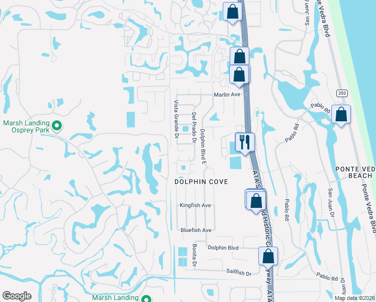 map of restaurants, bars, coffee shops, grocery stores, and more near 3 Ponte Vedra Court in Ponte Vedra Beach